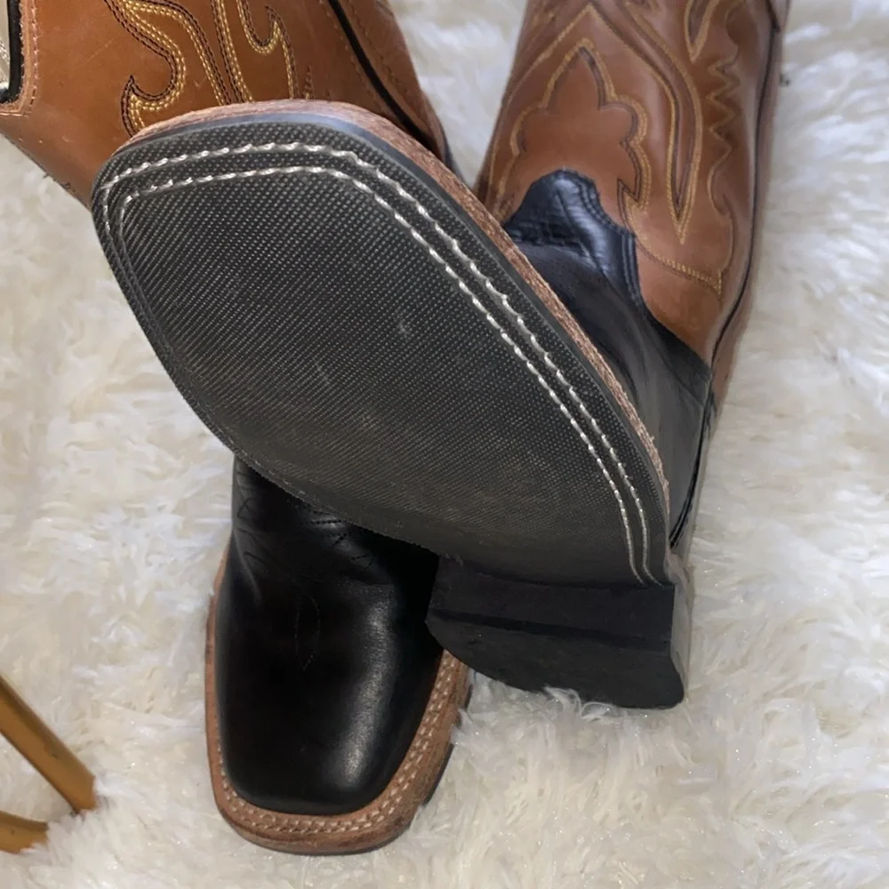 Old West  Boots Black  brown Leather Square Toe Youth Size 4.5 D Style  BSY1810